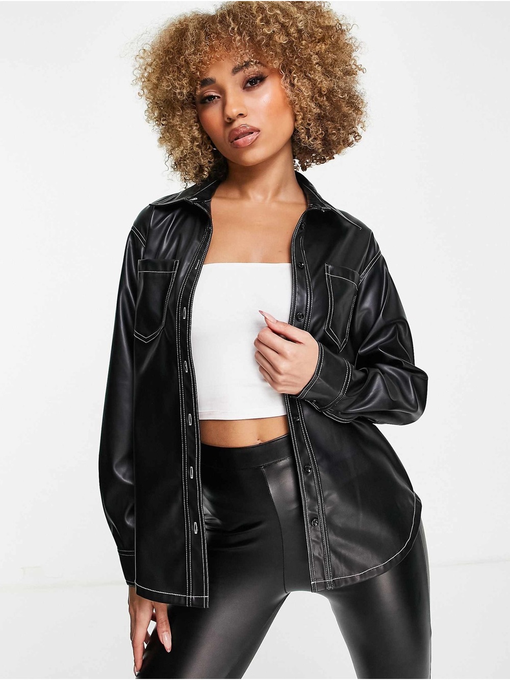 Aria Cove Sleek Black Faux Leather Shacket - Women's Leather Jacket